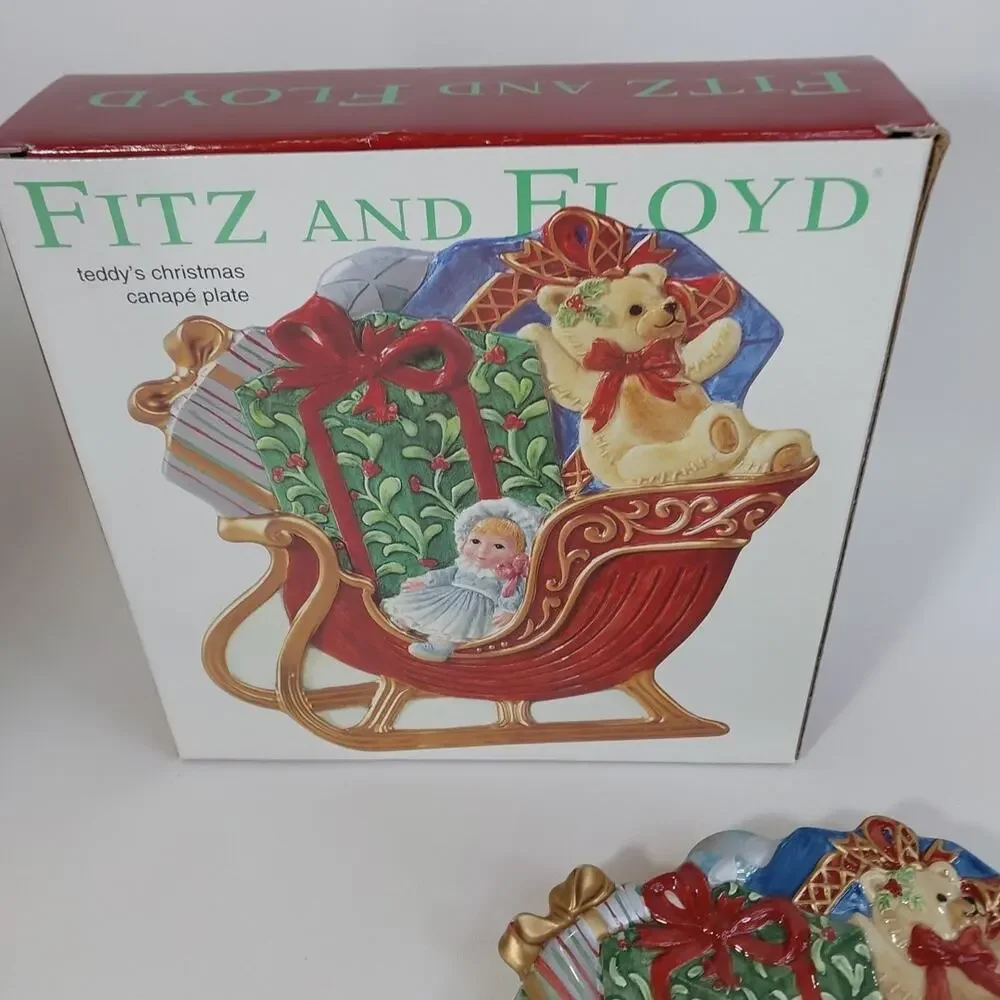 2003 Fitz and Floyd 8 Inch Canape Plate Teddy's Christmas Retired 2078/40‎